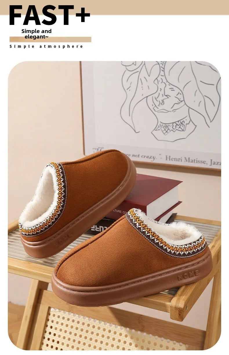 Winter warm slippers for men and women couples - plush lining, non-slip thick soles, indoor and outdoor warm solid color