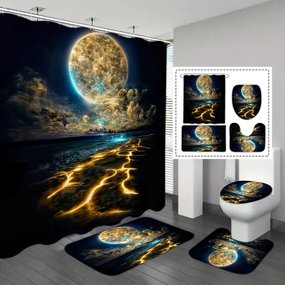 4-piece set of Star River Moon pattern waterproof shower curtain with 12 hooks,printed curtain, bathroom floor mat
