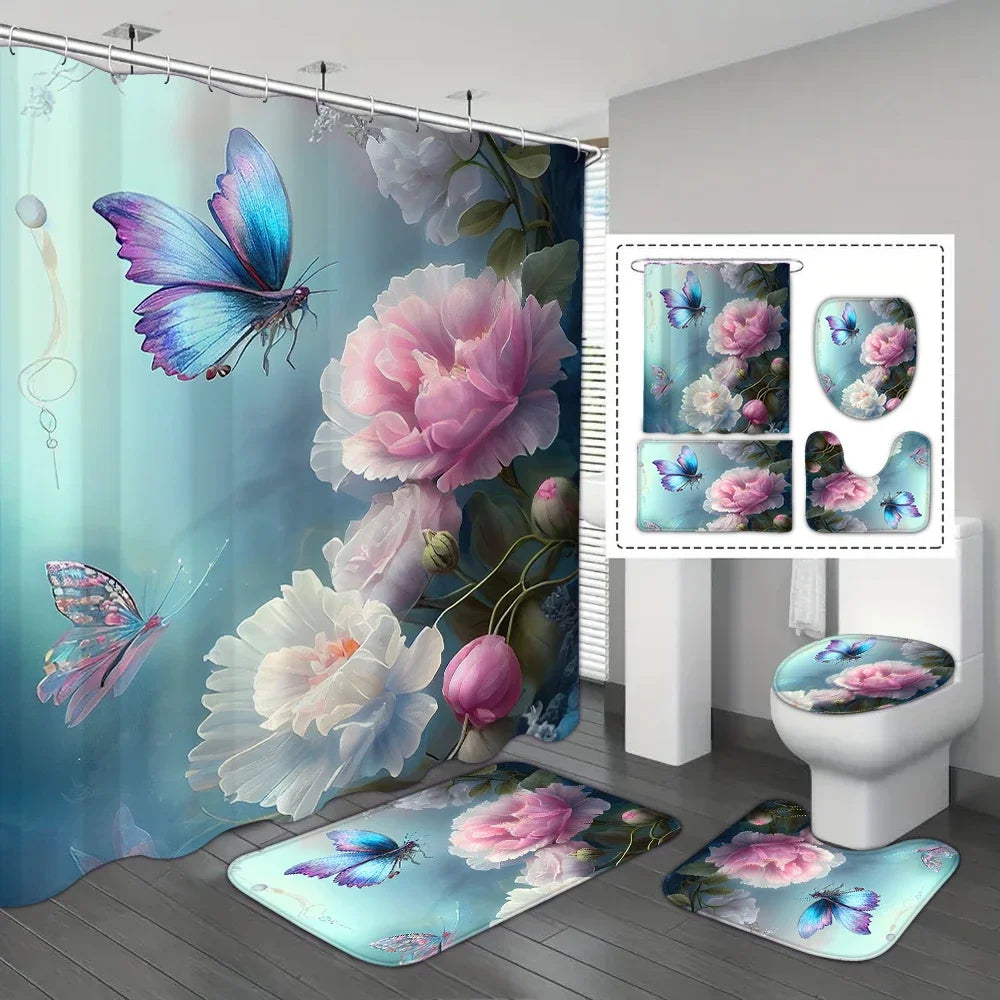 4-piece set of blue fairy flower print 12 hook waterproof shower curtain, bathroom floor mat, U-shaped mat, toilet O cover mat
