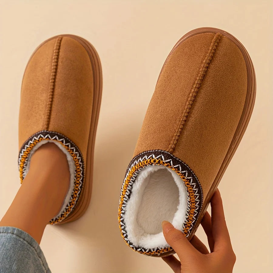 Winter warm slippers for men and women couples - plush lining, non-slip thick soles, indoor and outdoor warm solid color