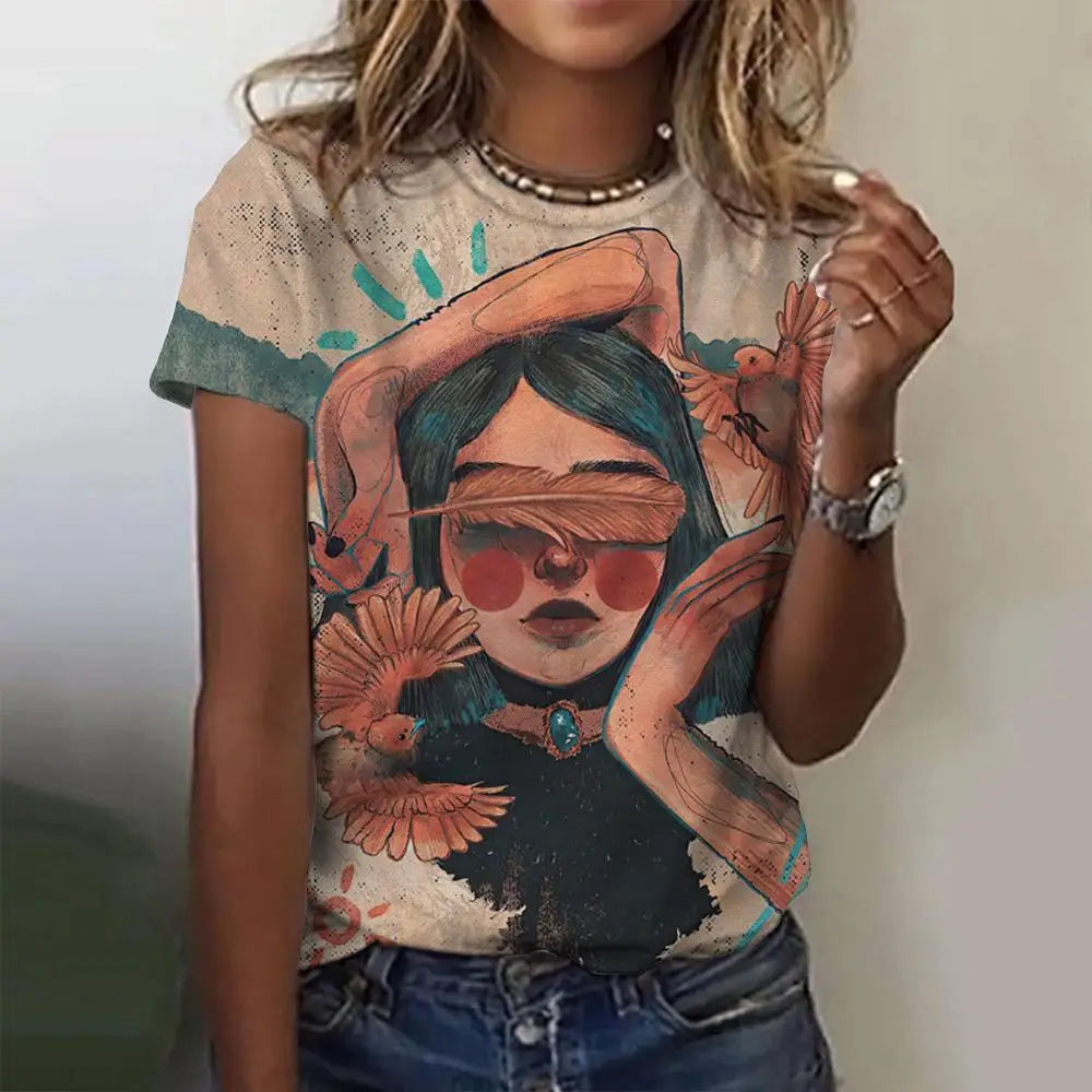 Women's T-Shirts Cartoon Characters Print T-Shirt Harajuku Vintage Short Sleeved Tees O Neck Funny Y2K Top Female Clothing