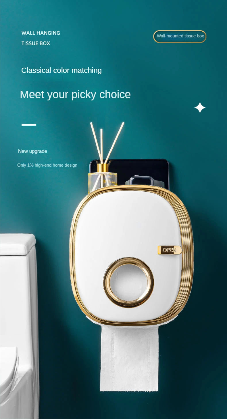 golden Bathroom Shelf Storage Box Punch-Free Wall-Mounted Toilet Paper Holder Box Waterproof Paper Towel Bathroom Storage Rack