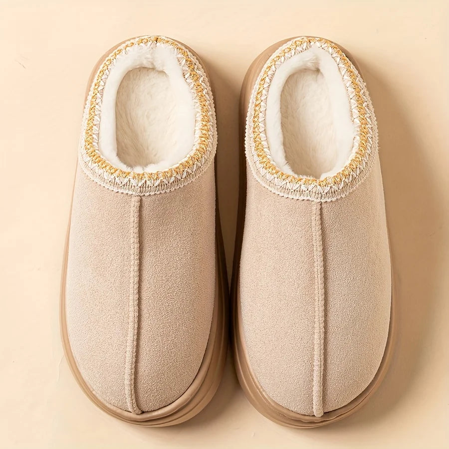 Winter warm slippers for men and women couples - plush lining, non-slip thick soles, indoor and outdoor warm solid color