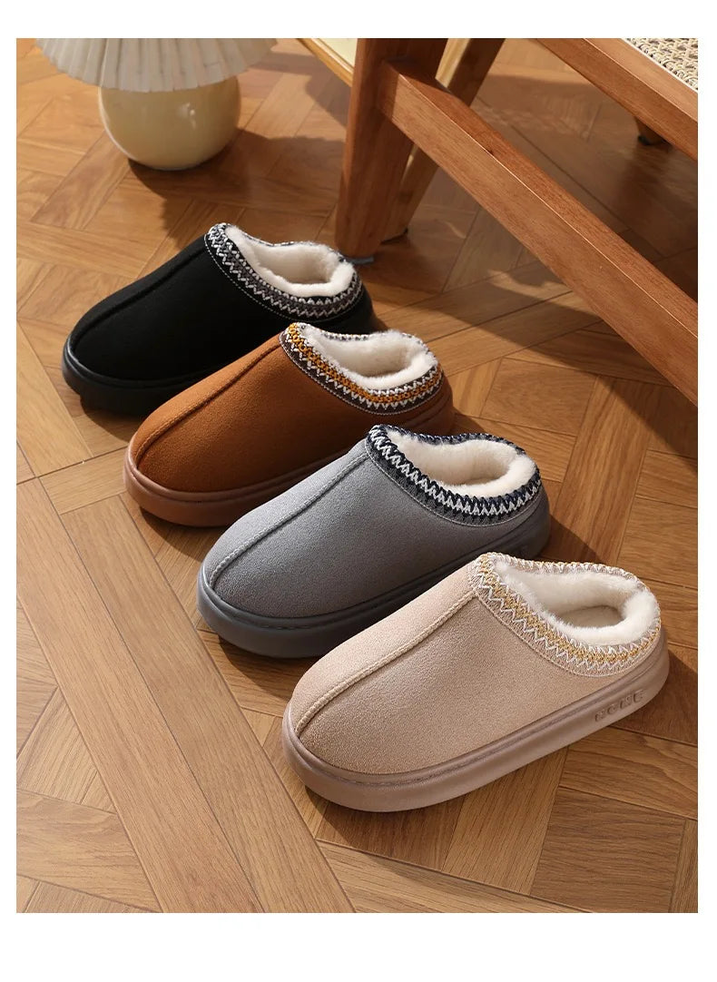 Winter warm slippers for men and women couples - plush lining, non-slip thick soles, indoor and outdoor warm solid color