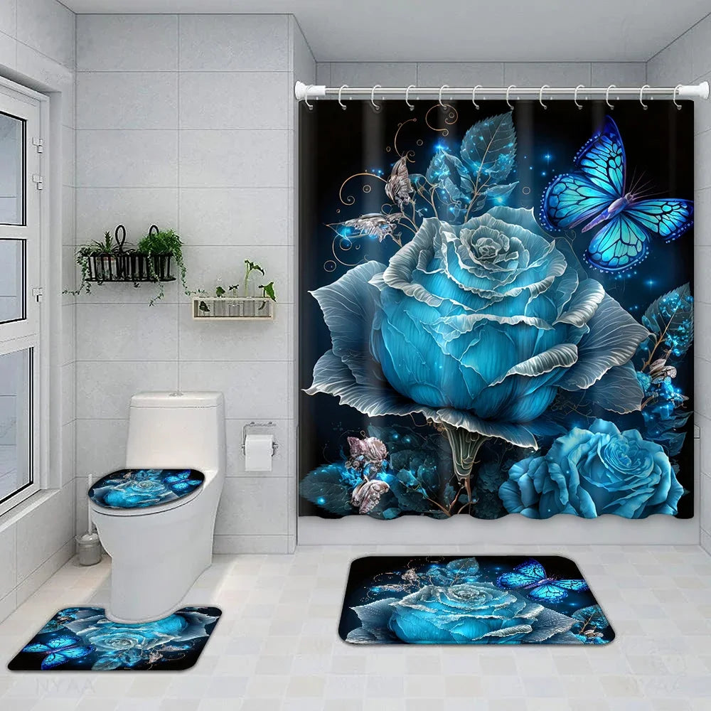 4-piece set of blue fairy flower print 12 hook waterproof shower curtain, bathroom floor mat, U-shaped mat, toilet O cover mat