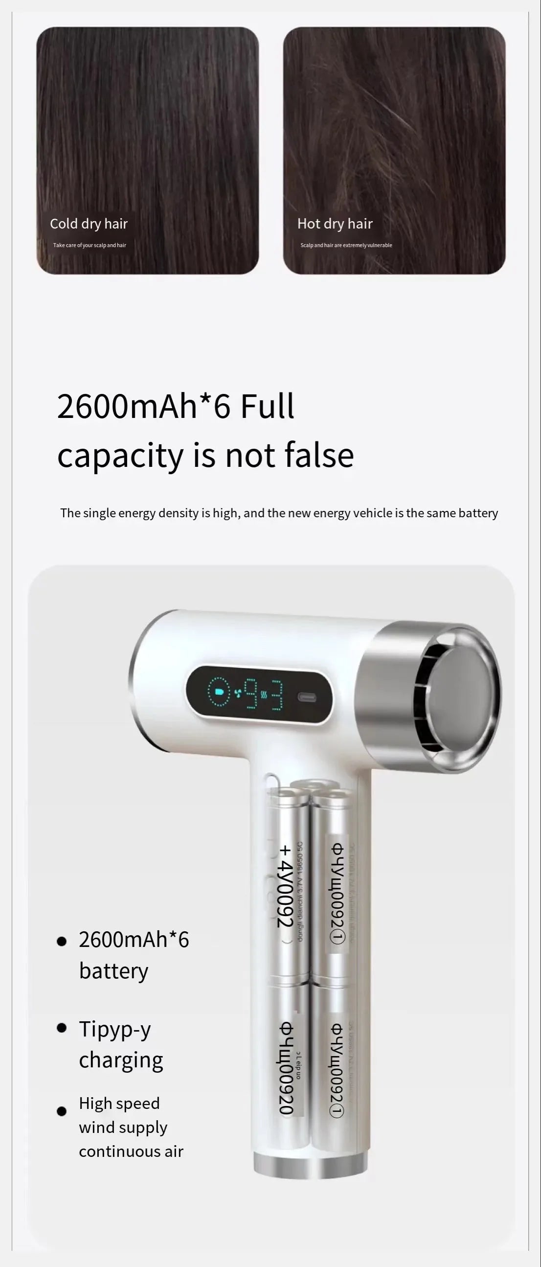 100000RPM Portable Type-C USB Charging Wireless Hair Dryer 9 Gears Powerful Wind High Speed Cold/Hot Air Negative Ions 2600mAh