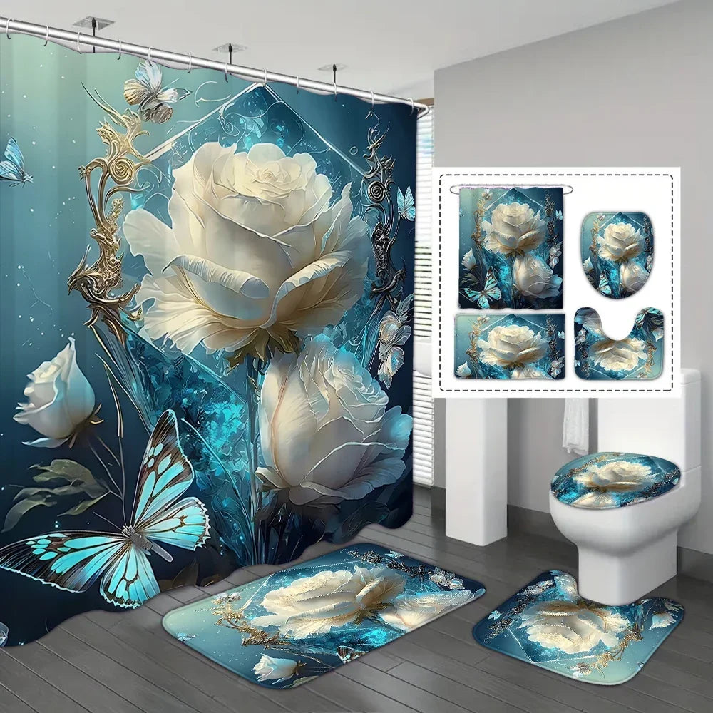 4-piece set of blue fairy flower print 12 hook waterproof shower curtain, bathroom floor mat, U-shaped mat, toilet O cover mat