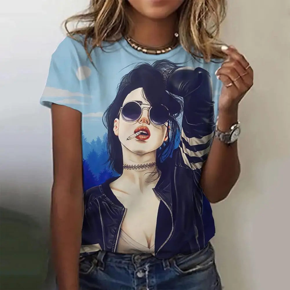 Women's T-Shirts Cartoon Characters Print T-Shirt Harajuku Vintage Short Sleeved Tees O Neck Funny Y2K Top Female Clothing