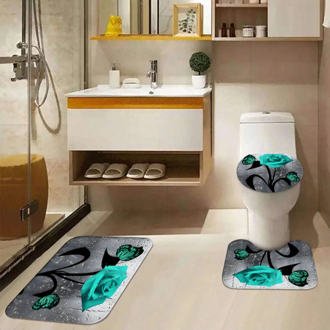 4Pcs Rose Butterfly Bathroom Set:Shower Curtain with 12 Hooks + Waterproof Mat + Toilet Cover, Perfect for Bathroom Decor