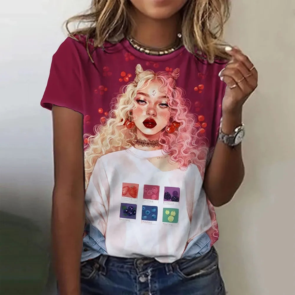 Women's T-Shirts Cartoon Characters Print T-Shirt Harajuku Vintage Short Sleeved Tees O Neck Funny Y2K Top Female Clothing