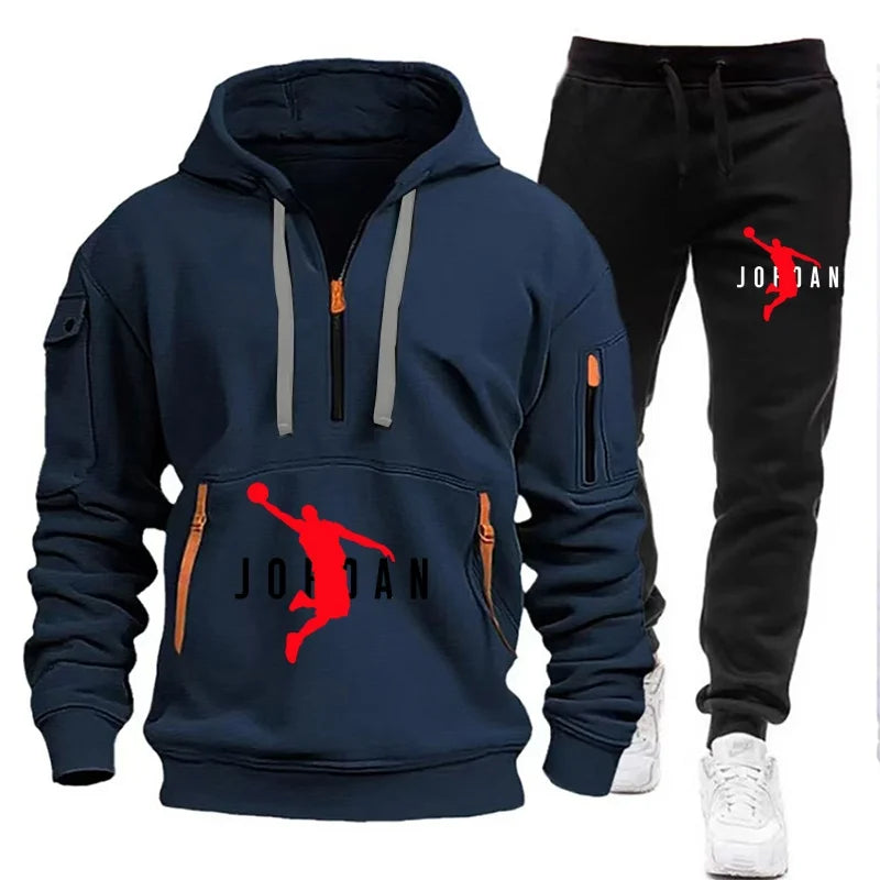 men's tracksuit zipper hood multi-pocket and protective pants casual