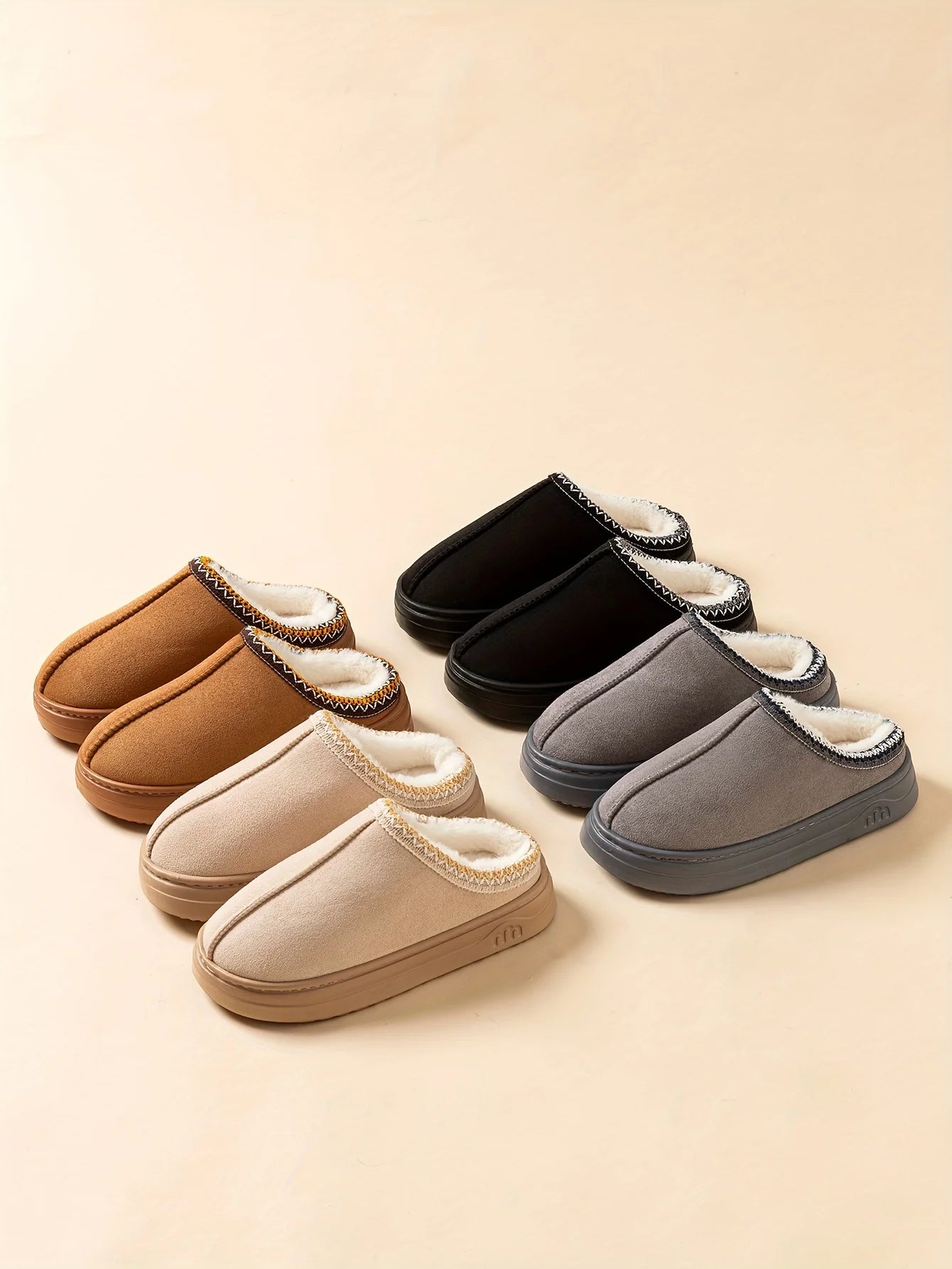 Winter warm slippers for men and women couples - plush lining, non-slip thick soles, indoor and outdoor warm solid color