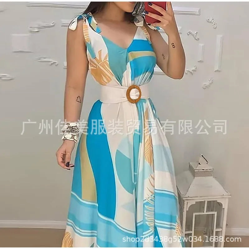 "GraceBloom Midi Dress: Elegant V-Neck Sleeveless Dress for Summer Nights"