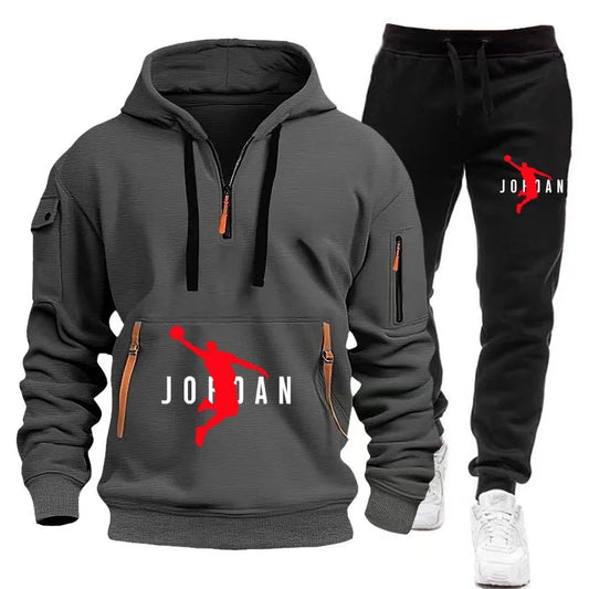men's tracksuit zipper hood multi-pocket and protective pants casual