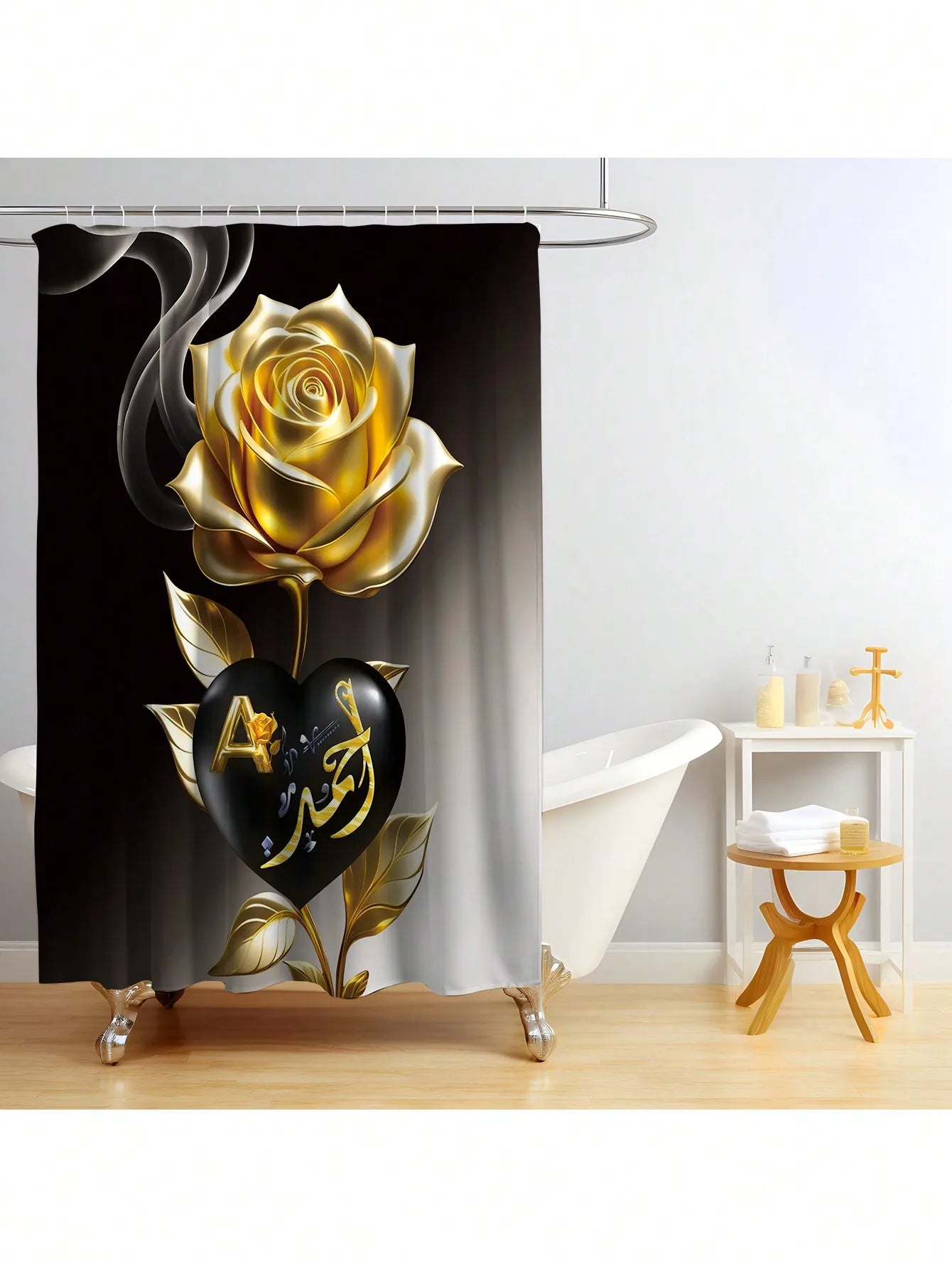 4pcs Set Heart Flower Pattern Bathroom Curtain With 12 Hooks, Anti-Slip Bath Mat, Bathroom Decoration Accessories