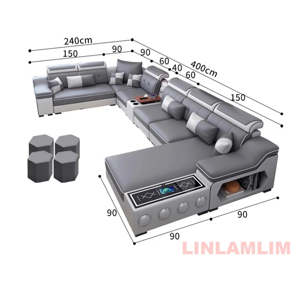 Sofa Set with Chaise Lounge, Bluetooth Speakers, and USB Charging Ports for Living Room