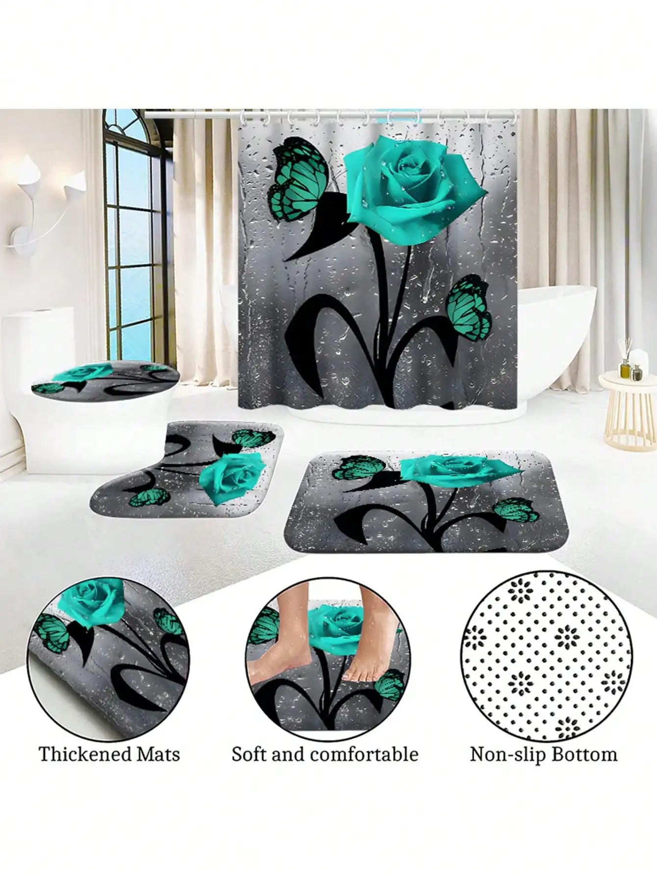 4Pcs Rose Butterfly Bathroom Set:Shower Curtain with 12 Hooks + Waterproof Mat + Toilet Cover, Perfect for Bathroom Decor