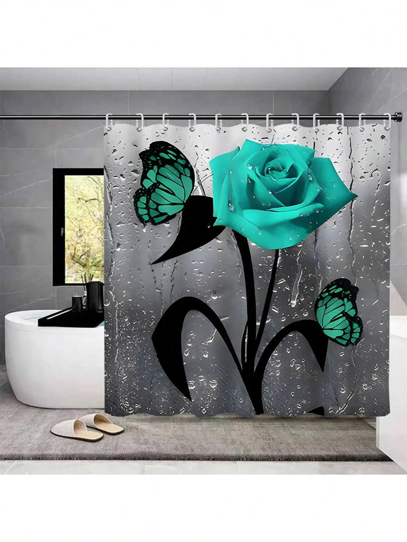 4Pcs Rose Butterfly Bathroom Set:Shower Curtain with 12 Hooks + Waterproof Mat + Toilet Cover, Perfect for Bathroom Decor