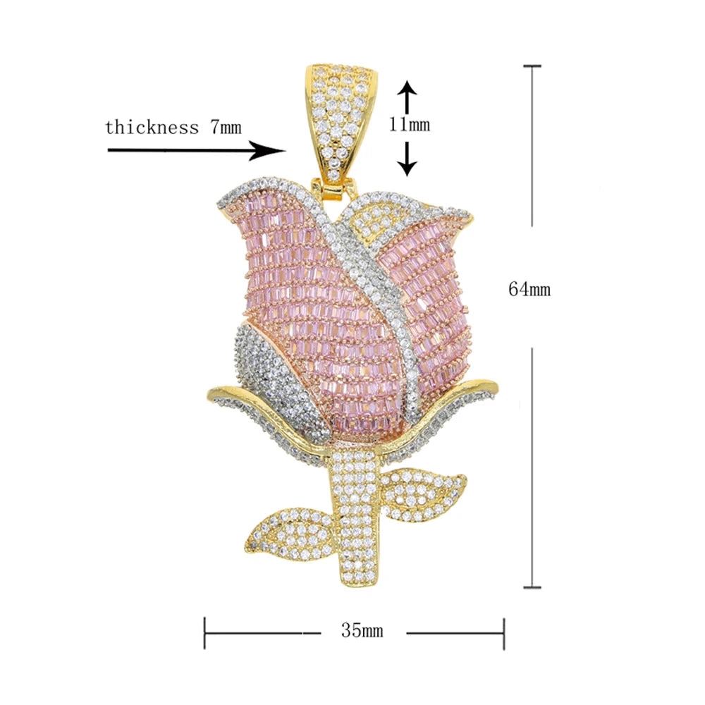 New Iced Out Bling Rose Flower Pendant Necklace For Women Men Gold Color Prong Setting Cubic Zirconia Charm Hip Hop Jewelry