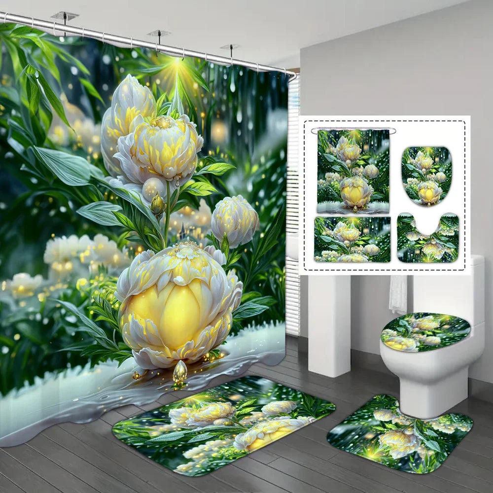 4-piece set of blue fairy flower print 12 hook waterproof shower curtain, bathroom floor mat, U-shaped mat, toilet O cover mat