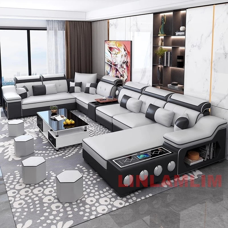 Sofa Set with Chaise Lounge, Bluetooth Speakers, and USB Charging Ports for Living Room