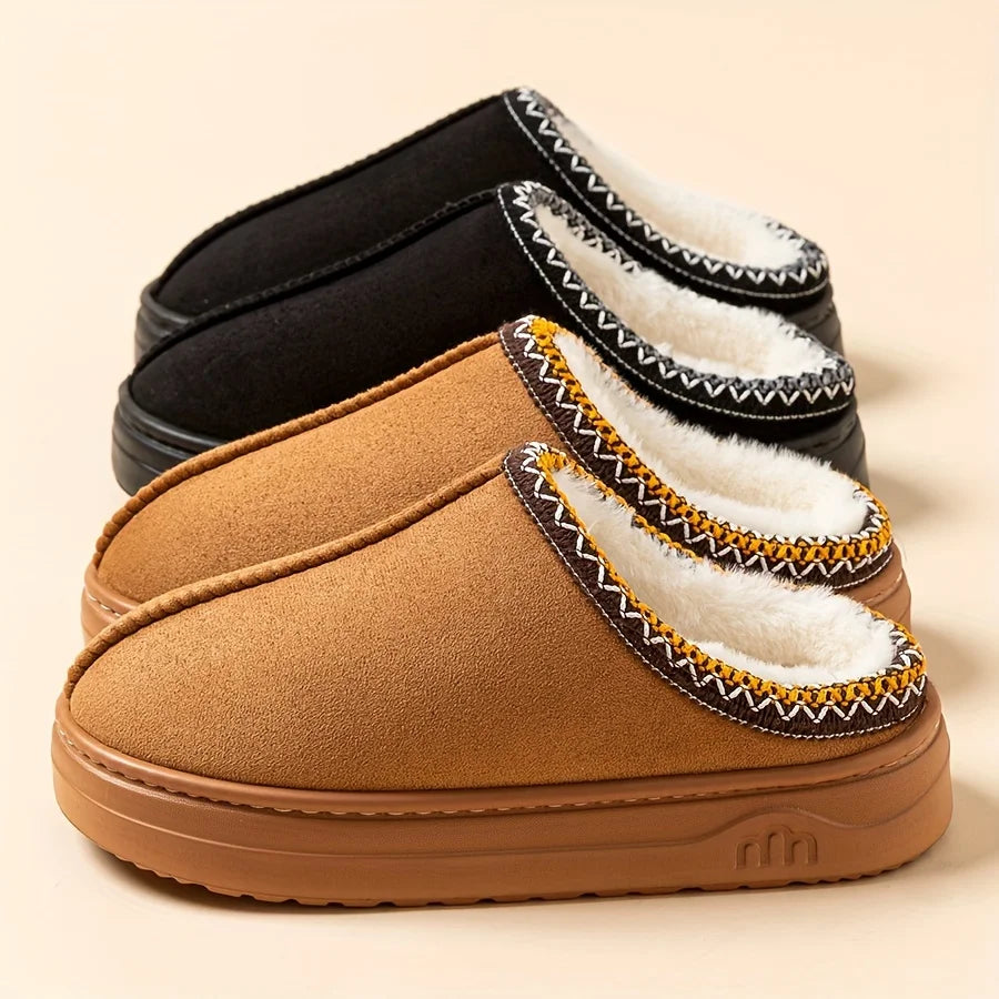 Winter warm slippers for men and women couples - plush lining, non-slip thick soles, indoor and outdoor warm solid color