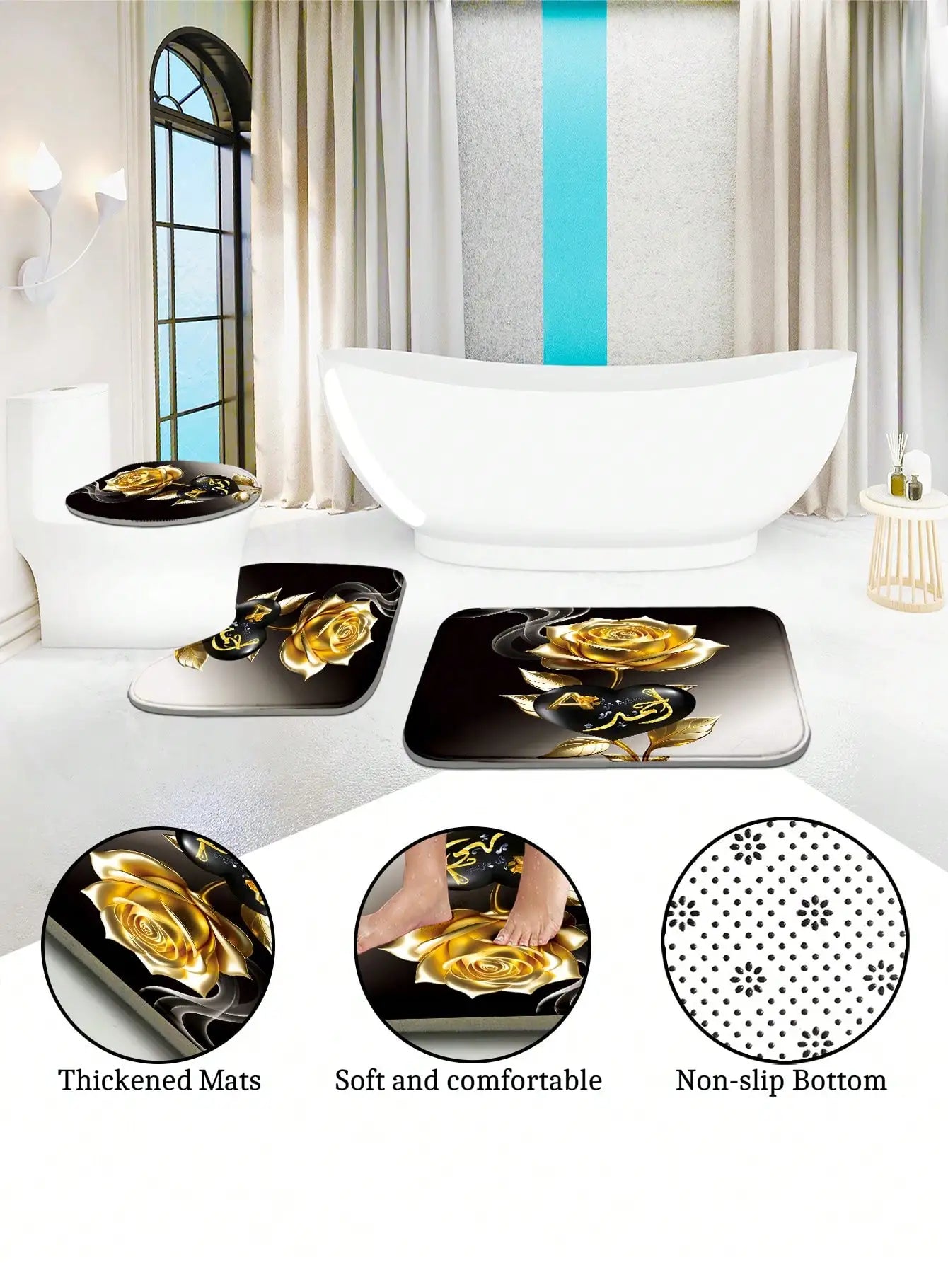 4pcs Set Heart Flower Pattern Bathroom Curtain With 12 Hooks, Anti-Slip Bath Mat, Bathroom Decoration Accessories