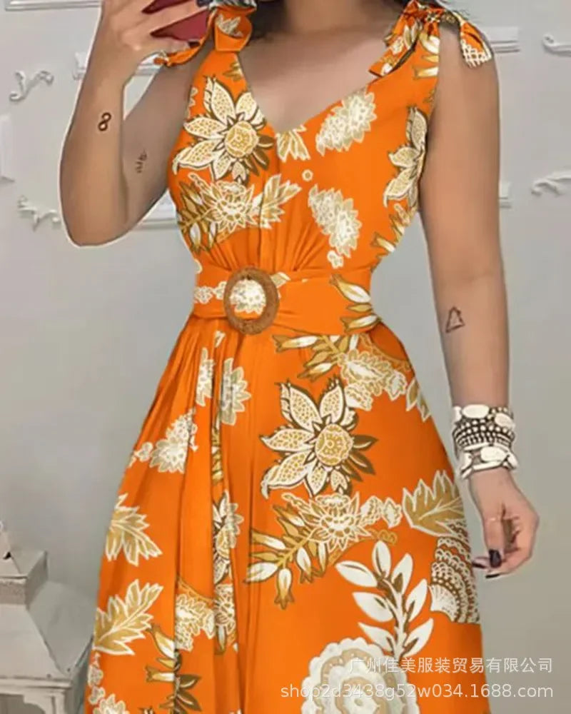 "GraceBloom Midi Dress: Elegant V-Neck Sleeveless Dress for Summer Nights"