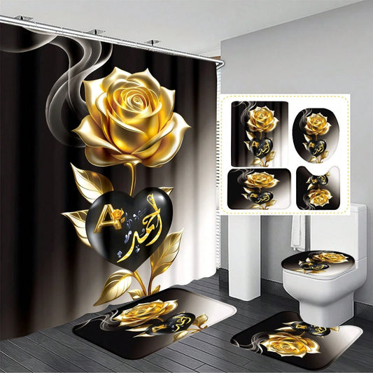 4pcs Set Heart Flower Pattern Bathroom Curtain With 12 Hooks, Anti-Slip Bath Mat, Bathroom Decoration Accessories