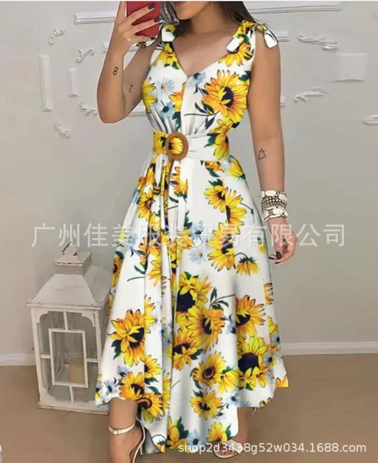 "GraceBloom Midi Dress: Elegant V-Neck Sleeveless Dress for Summer Nights"