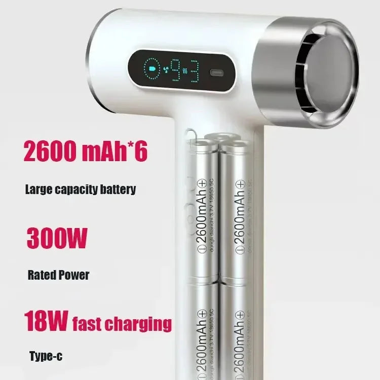 100000RPM Portable Type-C USB Charging Wireless Hair Dryer 9 Gears Powerful Wind High Speed Cold/Hot Air Negative Ions 2600mAh