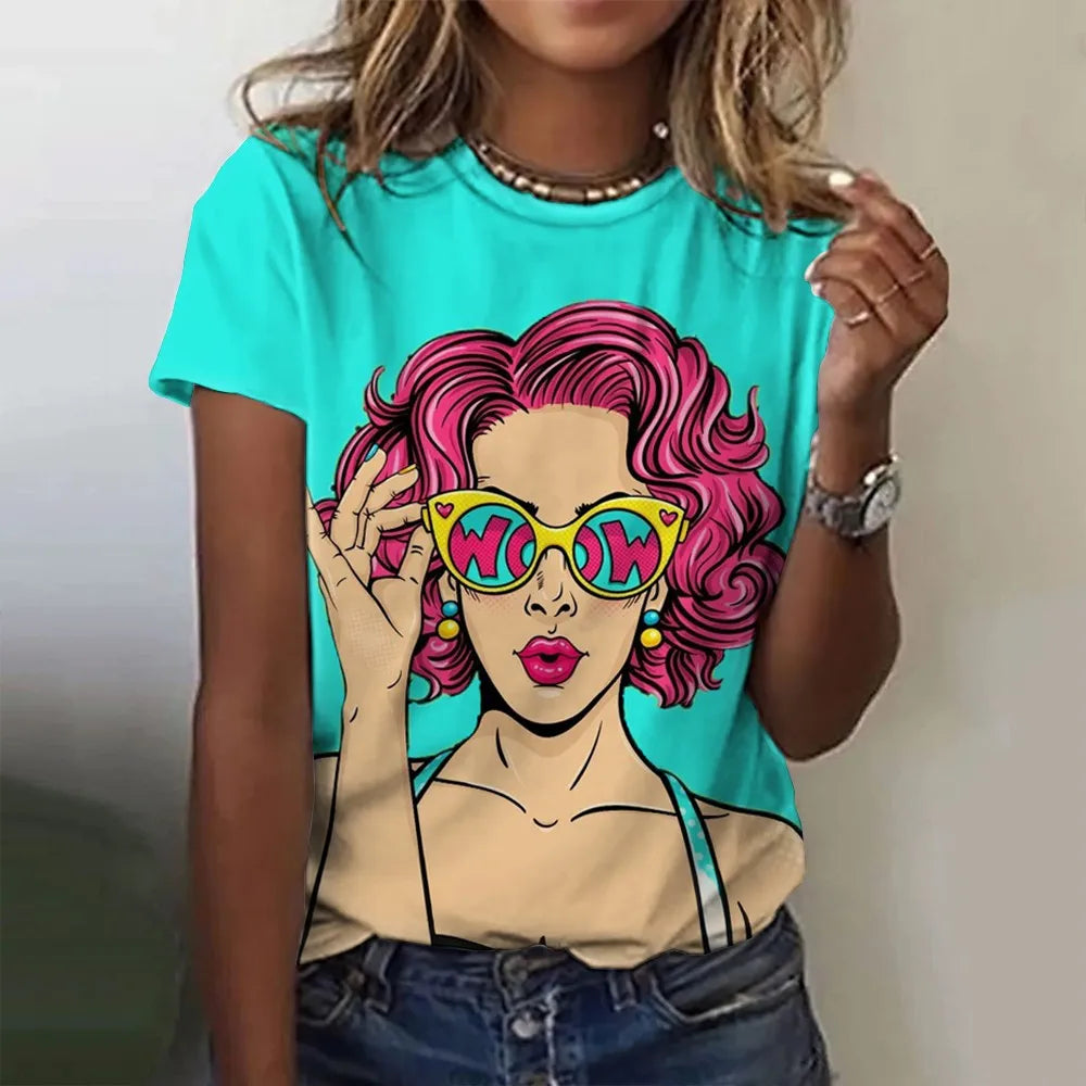 Women's T-Shirts Cartoon Characters Print T-Shirt Harajuku Vintage Short Sleeved Tees O Neck Funny Y2K Top Female Clothing