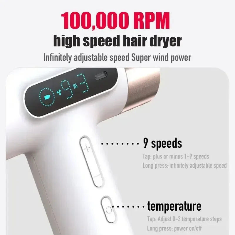 100000RPM Portable Type-C USB Charging Wireless Hair Dryer 9 Gears Powerful Wind High Speed Cold/Hot Air Negative Ions 2600mAh