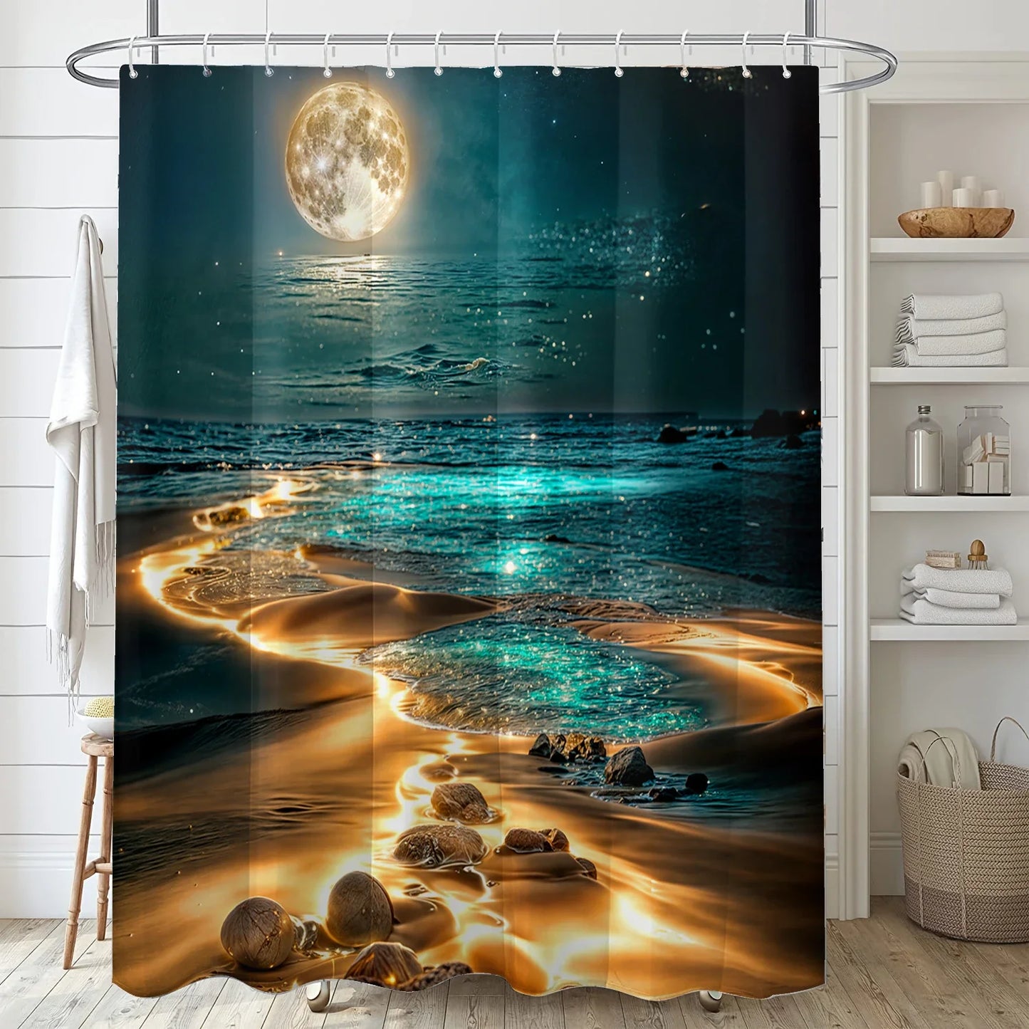 4-piece set of Star River Moon pattern waterproof shower curtain with 12 hooks,printed curtain, bathroom floor mat