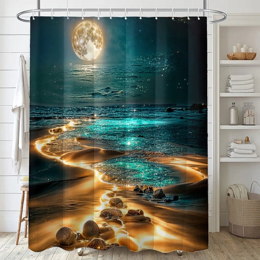 4-piece set of Star River Moon pattern waterproof shower curtain with 12 hooks,printed curtain, bathroom floor mat