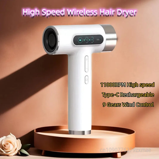 100000RPM Portable Type-C USB Charging Wireless Hair Dryer 9 Gears Powerful Wind High Speed Cold/Hot Air Negative Ions 2600mAh