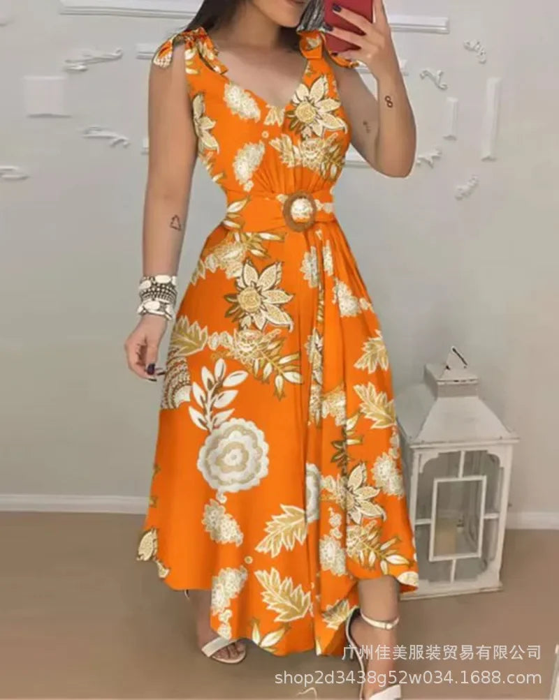"GraceBloom Midi Dress: Elegant V-Neck Sleeveless Dress for Summer Nights"