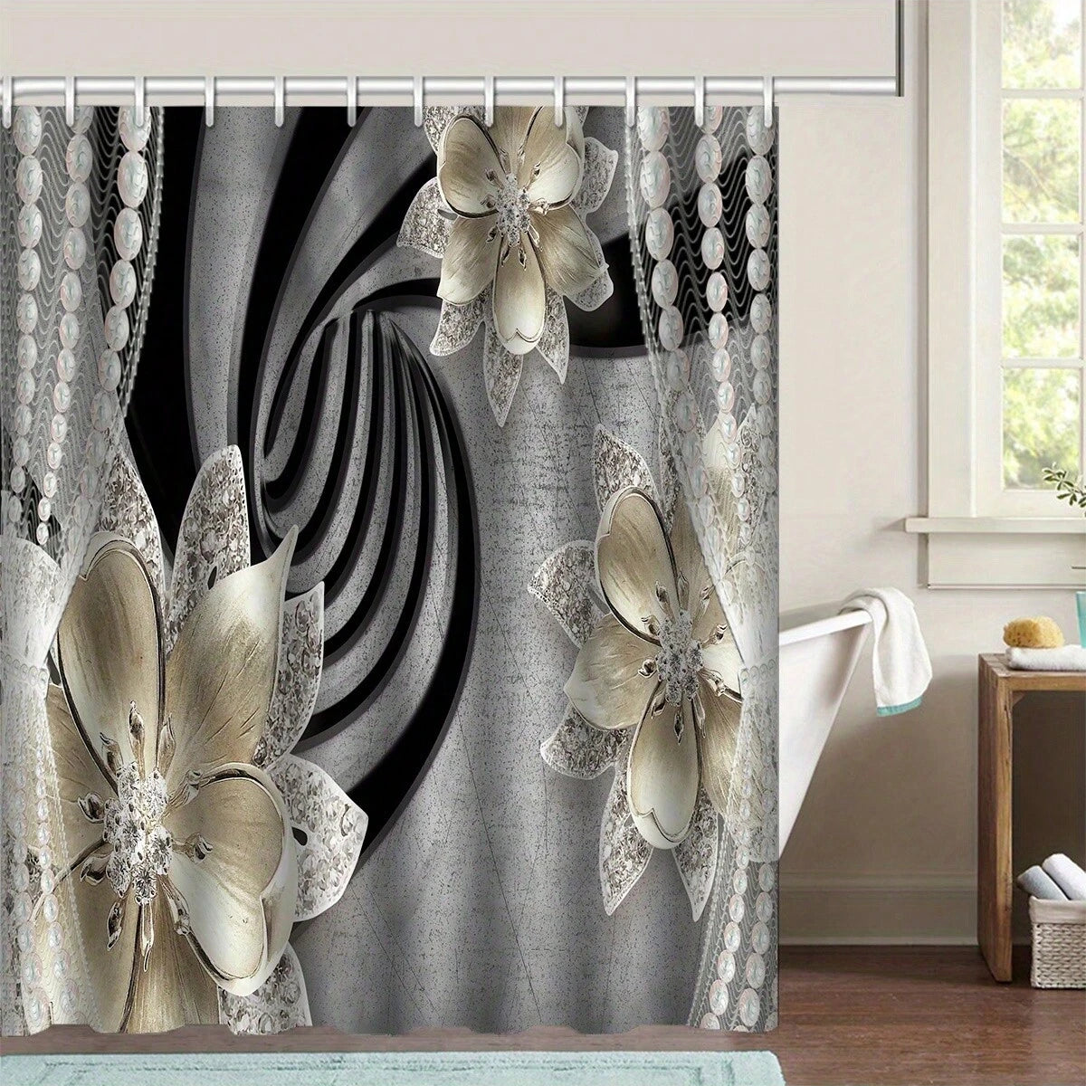 4pc Modern Diamond Flower Shower Curtain Set, Simple Gray Line Bathroom Shower Curtain, Non Slip Pad,Equipped With 12 Free Hooks