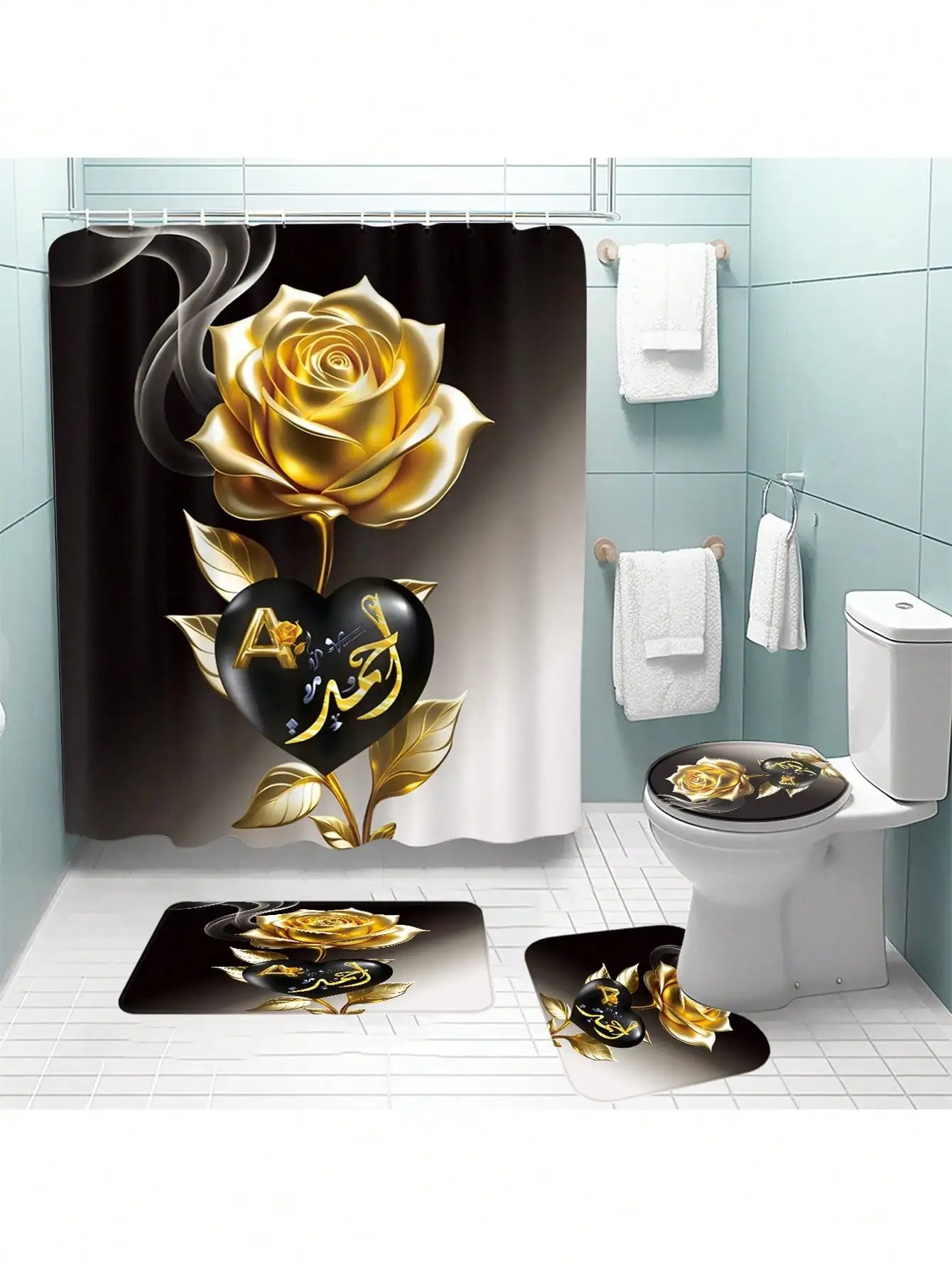 4pcs Set Heart Flower Pattern Bathroom Curtain With 12 Hooks, Anti-Slip Bath Mat, Bathroom Decoration Accessories