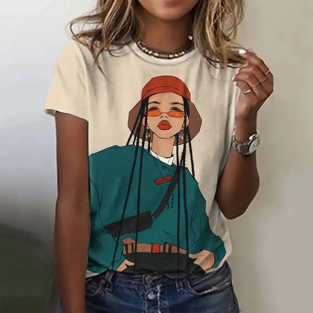 Women's T-Shirts Cartoon Characters Print T-Shirt Harajuku Vintage Short Sleeved Tees O Neck Funny Y2K Top Female Clothing