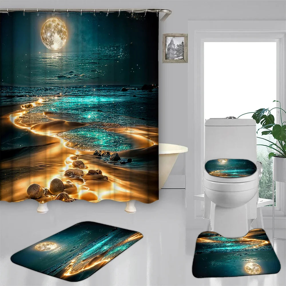 4-piece set of Star River Moon pattern waterproof shower curtain with 12 hooks,printed curtain, bathroom floor mat
