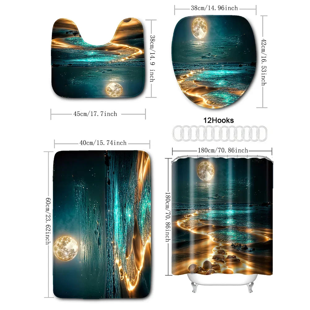 4-piece set of Star River Moon pattern waterproof shower curtain with 12 hooks,printed curtain, bathroom floor mat