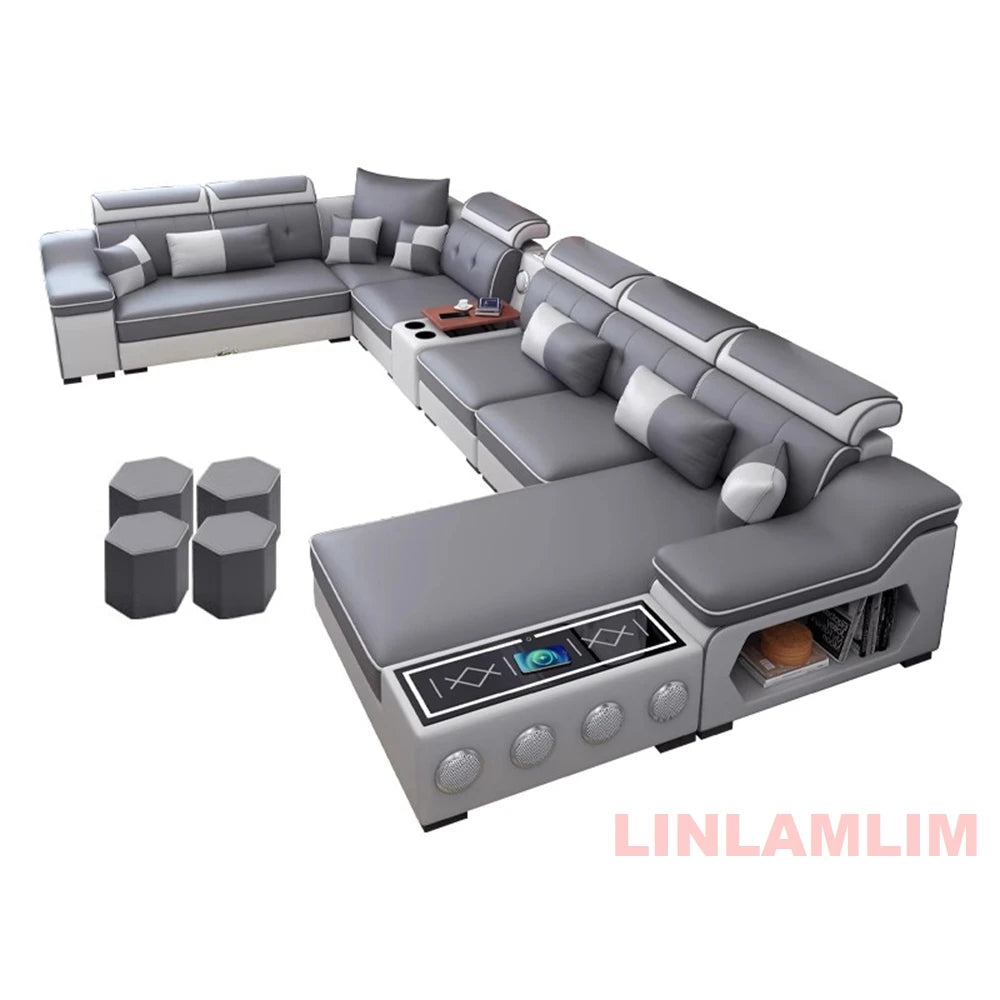 Sofa Set with Chaise Lounge, Bluetooth Speakers, and USB Charging Ports for Living Room