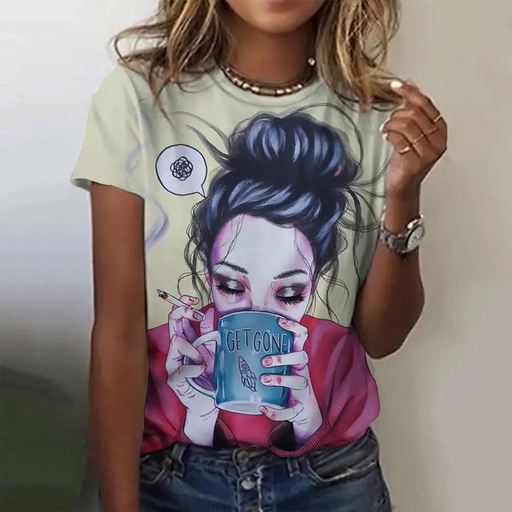 Women's T-Shirts Cartoon Characters Print T-Shirt Harajuku Vintage Short Sleeved Tees O Neck Funny Y2K Top Female Clothing