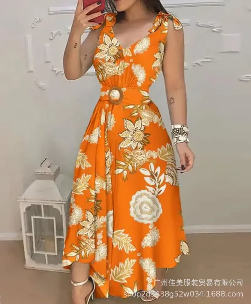 "GraceBloom Midi Dress: Elegant V-Neck Sleeveless Dress for Summer Nights"
