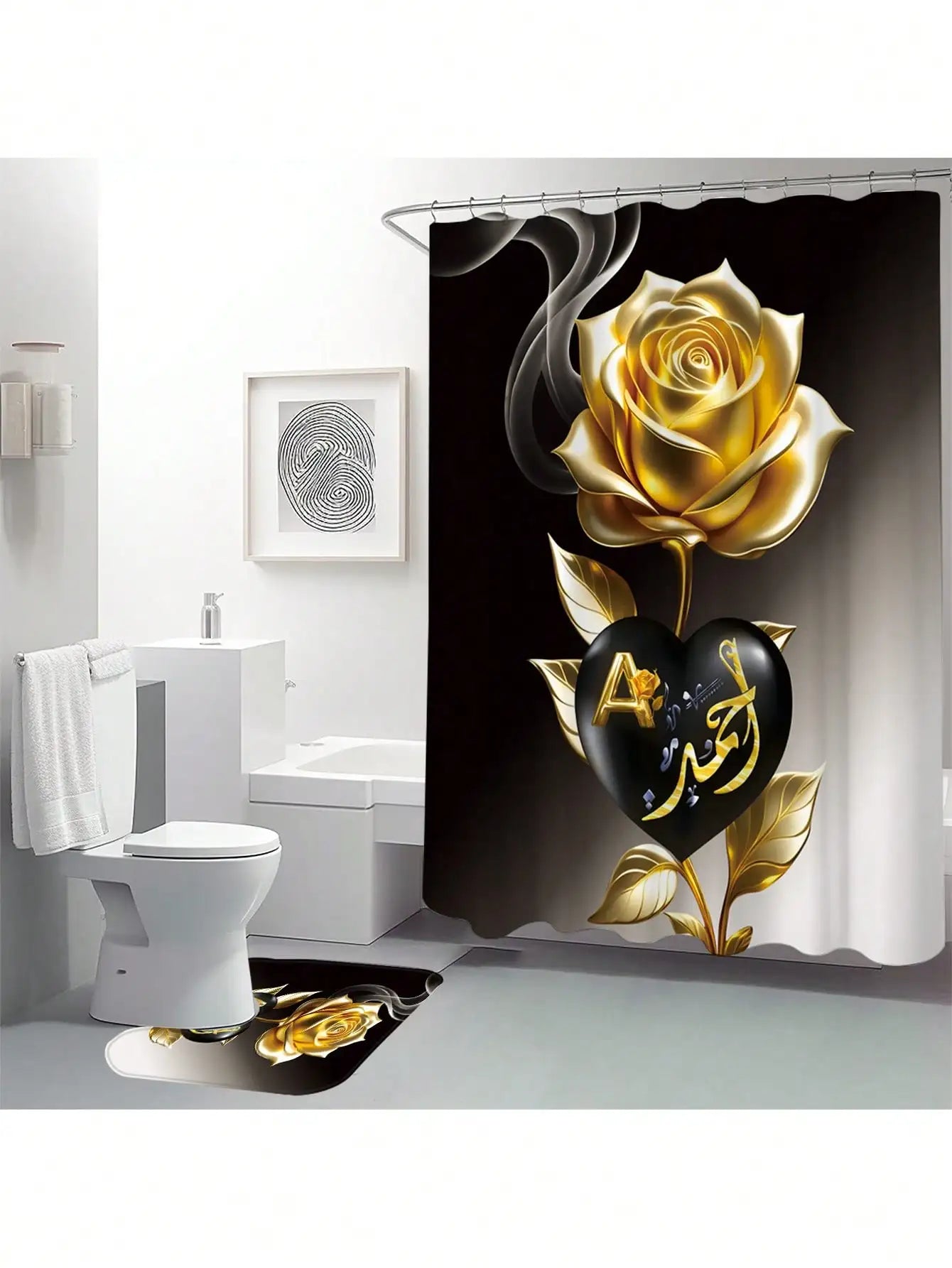 4pcs Set Heart Flower Pattern Bathroom Curtain With 12 Hooks, Anti-Slip Bath Mat, Bathroom Decoration Accessories