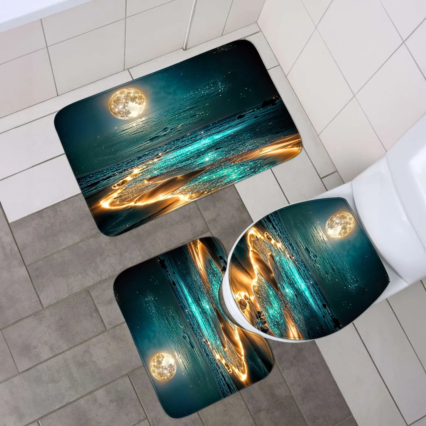 4-piece set of Star River Moon pattern waterproof shower curtain with 12 hooks,printed curtain, bathroom floor mat