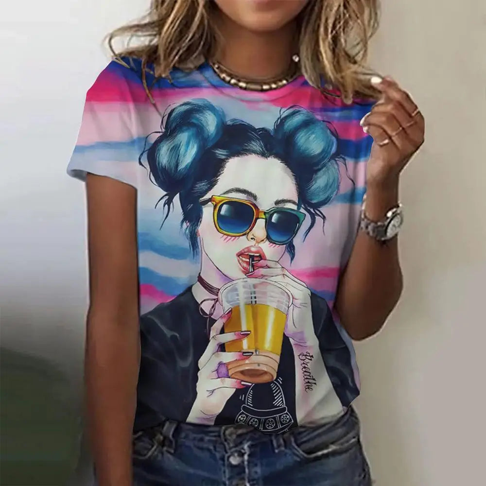 Women's T-Shirts Cartoon Characters Print T-Shirt Harajuku Vintage Short Sleeved Tees O Neck Funny Y2K Top Female Clothing