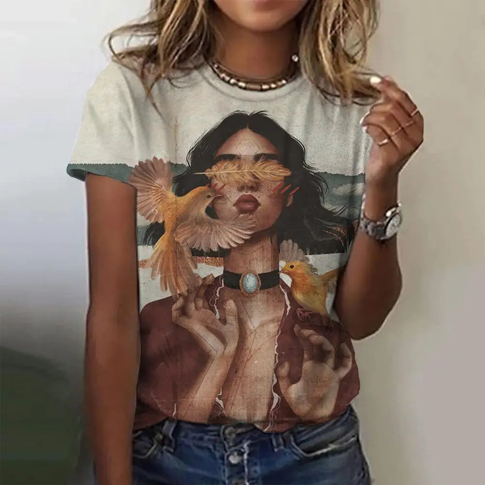 Women's T-Shirts Cartoon Characters Print T-Shirt Harajuku Vintage Short Sleeved Tees O Neck Funny Y2K Top Female Clothing