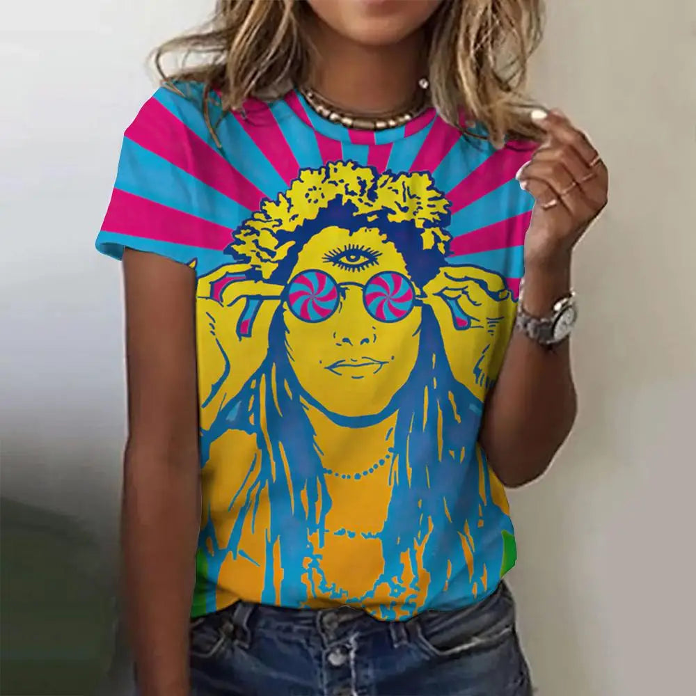 Women's T-Shirts Cartoon Characters Print T-Shirt Harajuku Vintage Short Sleeved Tees O Neck Funny Y2K Top Female Clothing